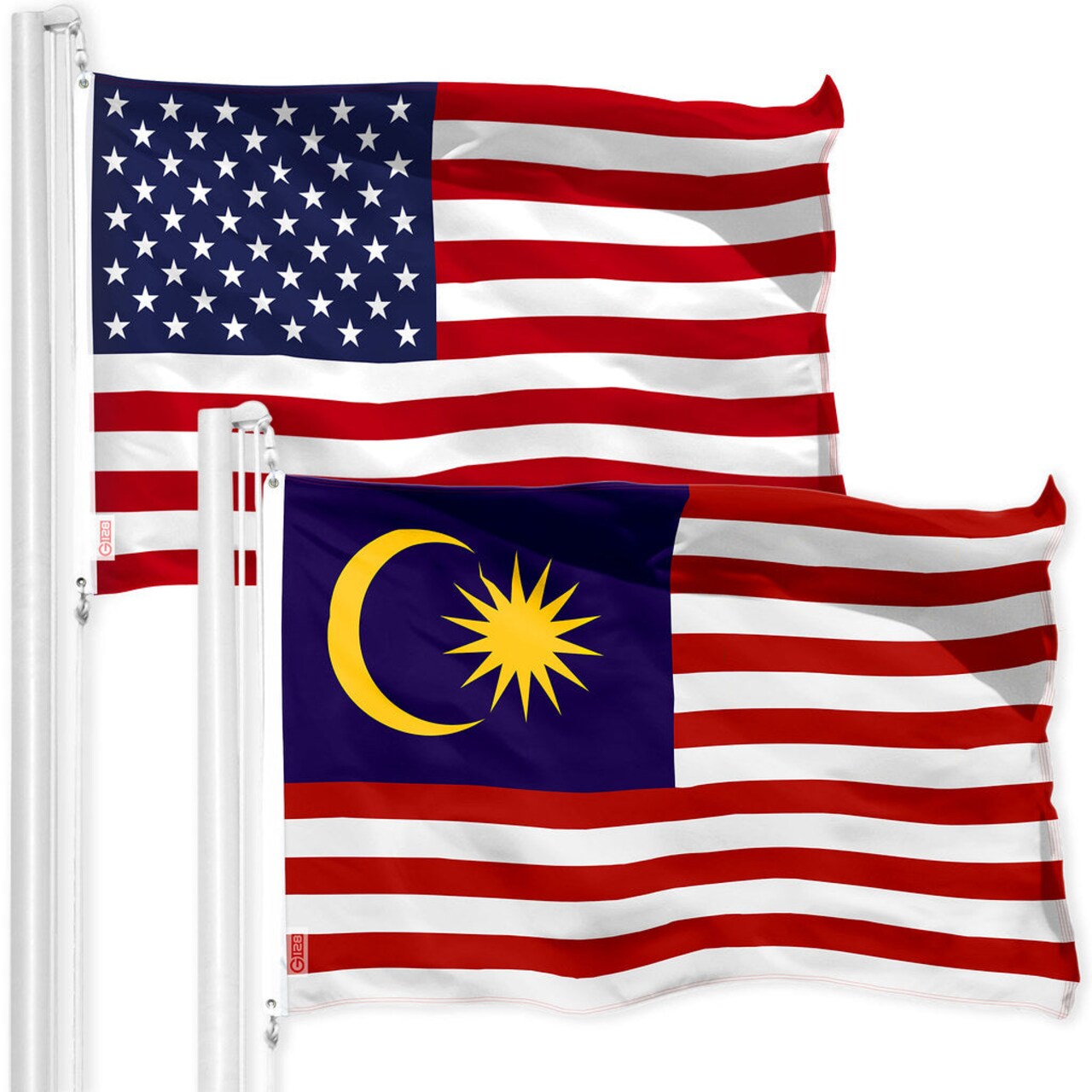 G128 Combo Pack: American USA Flag 3x5 Ft & Malaysia Flag 3x5 Ft, Both Printed 150D Polyester, Indoor/Outdoor, Brass Grommets